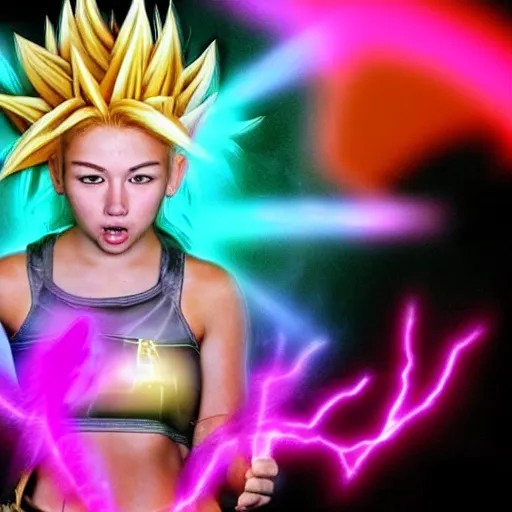 Image similar to teenage girl becomes the legendary super saiyan, wild glowing hair, 2 0 0 7 hd photograph