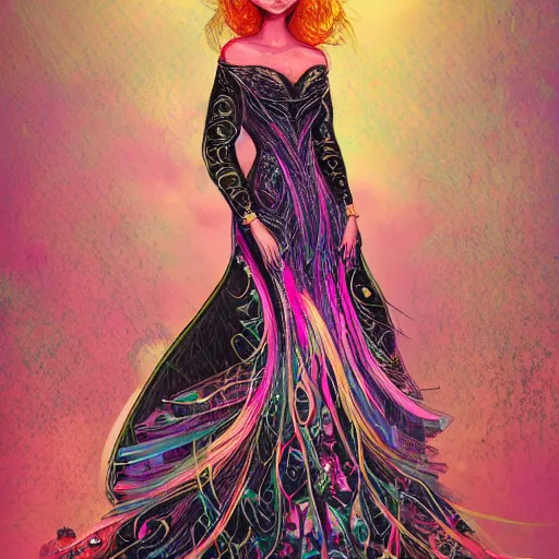 Prompt: A beautiful and mysterious woman in an intricate and colorful gown, with a black cat at her feet, digital painting, no blur, close up, details, sharp focus, elegant, highly detailed, trending on artstation, pixiv, and deviantart