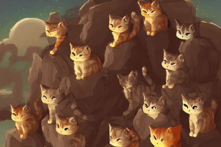 Image similar to cat standing on a rock in front of a crowd of cats, dramatic, backlighting, digital art, trending on furaffinity, by kawacy, fanart