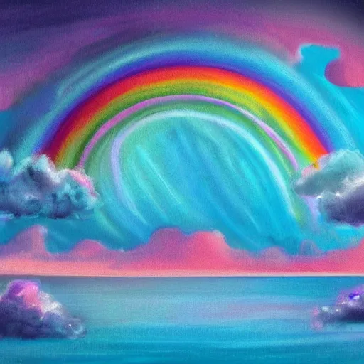 Image similar to rainbow cotton candy clouds at night in the moonlight over an aqua lagoon surrounded by crystal palm trees, trending on deviant art, art station.