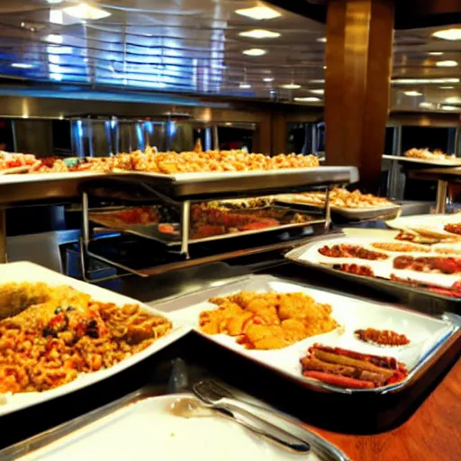 Prompt: the biblical incarnation of the devil filling plates of food from the buffet on a cruise liner