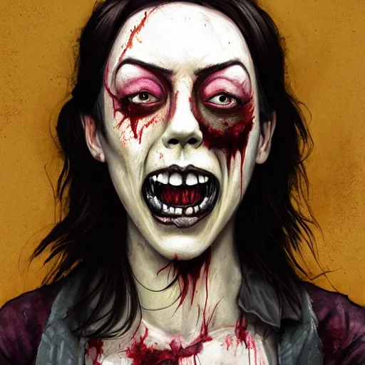 Image similar to color head portrait of aubrey plaza grinning as a zombie, 7 days to die zombie, gritty background, fine art, award winning, intricate, elegant, sharp focus, cinematic lighting, digital painting, 8 k concept art, art by michael hussar, art by brom, art by guweiz and z. w. gu, 8 k