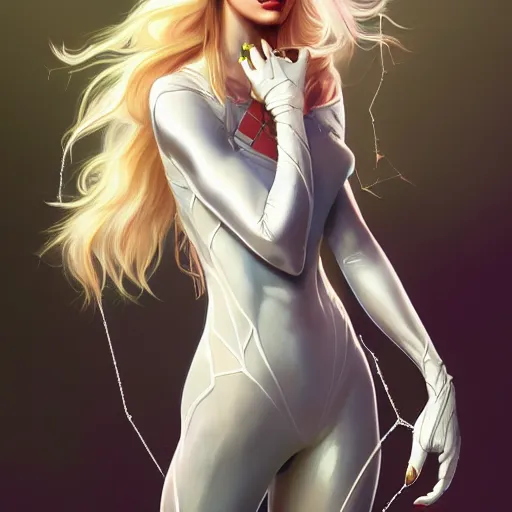 Image similar to Blonde Candice Swanepoel as Spider-Gwen, western, D&D, fantasy, intricate, elegant, highly detailed, digital painting, artstation, concept art, matte, sharp focus, illustration, art by Artgerm and Greg Rutkowski and Alphonse Mucha