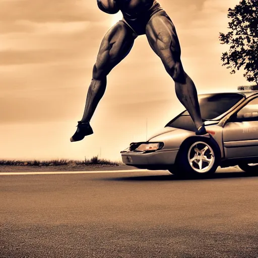 Prompt: car jump, bodybuilder, woman, holding, road, photo, digital art, hands, underbody, tire, throw,