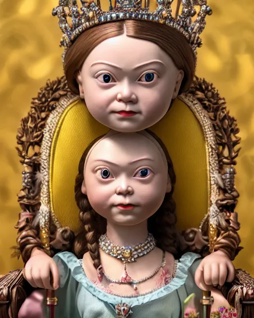 Image similar to highly detailed closeup, face profile portrait of a tin toy greta thunberg as queen victoria wearing a crown and sitting on a throne, bikini, depth of field, nicoletta ceccoli, mark ryden, lostfish, max fleischer, breathtaking, detailed and intricate environment, 8 k resolution, hyperrealistic, octane render