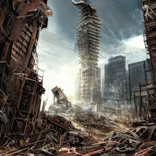 Prompt: giant metal monster made of machinery standing atop skyscrapers in the middle of a ruined city, digital art, highly detailed