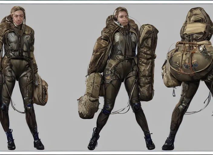 Prompt: front and back character view of a woman in scientist's jacket with a system of straps and pouches for collecting material by Donato Giancola, Trending on artstation, cgsociety and pixiv clean sci-fi concept art and sheet