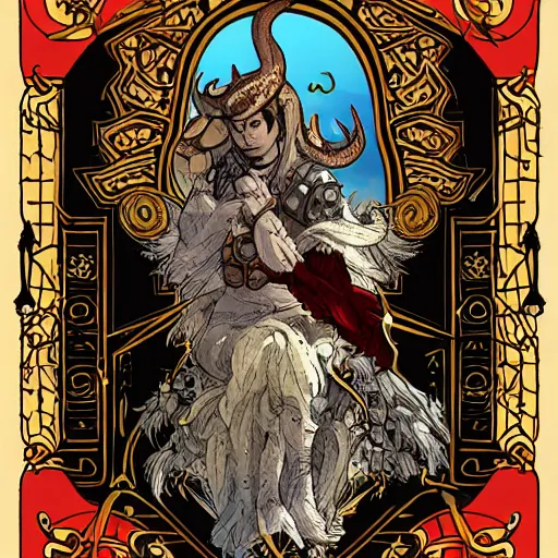 Image similar to 2. 0 tarot card : : ornate, intricate and detailed, rule of thirds, bard, male, face, guitar, music, demon, tiefling, black beard, goat horns, handsome, red skin, medieval fantasy, bow, 8 k render : : style of studio ghibli