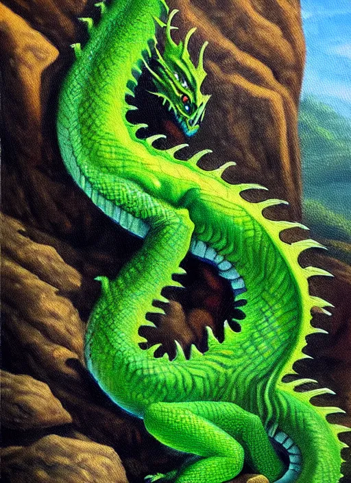 Image similar to “oil painting of green dragon with pointed tail sitting on a rocky outcropping in the style of Darrell K. Sweet”