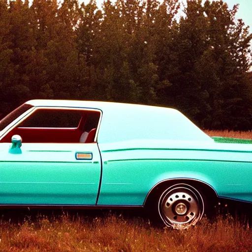 Prompt: A photograph of a rusty!!!!!!!!!!!! Powder Blue Dodge Aspen (1976) in a farm field, photo taken in 1989