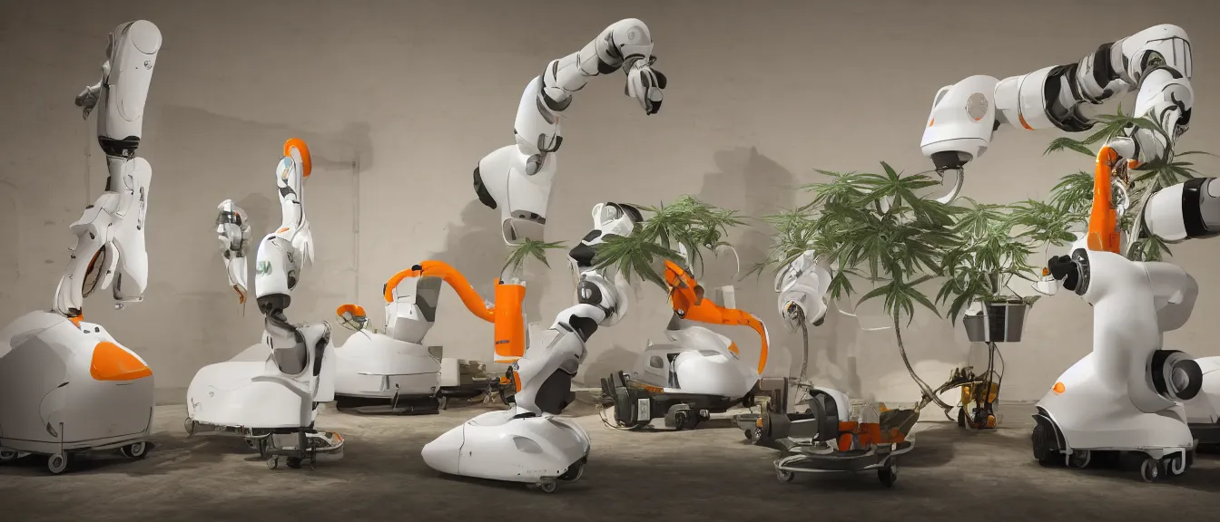 Image similar to three large white glossy kuka industrial robot harvesting a cannabis micro growery inside a fancy living room with retro modern furniture and decor, global illumination, artstation, fantasy, volumetric light