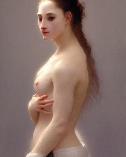 Image similar to 3 / 4 portrait photo by bouguereau of female dancer as a cyberpunk mecha humanoid robotic parts with straight bright led lights over neck, inside white room, ultra - realistic and detailed, 8 k