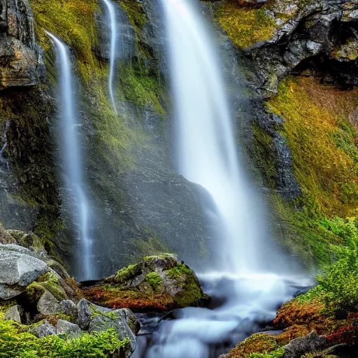 Image similar to walking into a very tall majestic Norwegian waterfall::2 creek, rocks, trout fish, pine and birch trees::1.8 realistic vegetation, realistic material textures, sunny, photorealistic, high speed photography, highly detailed, cinematic lighting, god rays, raytracing reflections, vray render, first person view