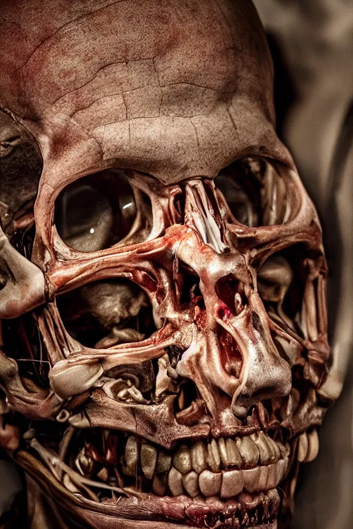 Prompt: close up portrait inside a museum, a room where anatomical body parts are piece of arts by Rob Bottin at night, filth and grim, very detailed, ultra realistic photography 50mm lens, grainy image