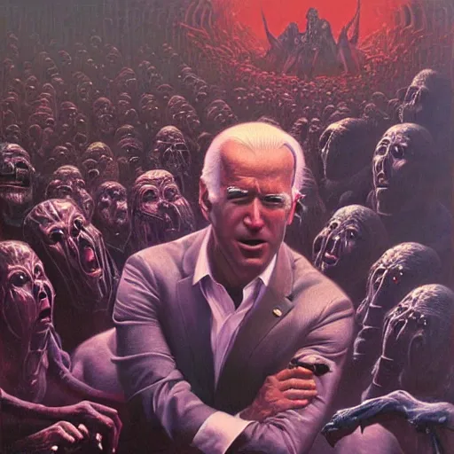 Image similar to epic Joe Biden in pandemonium, demons and souls, portrait, art by Wayne Barlowe, oil on canvas