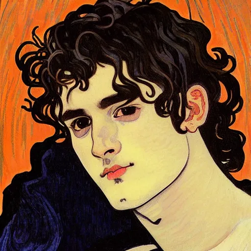 Image similar to painting of young cute handsome beautiful dark medium wavy hair man in his 2 0 s named shadow taehyung at the halloween pumpkin party, somber, depressed, melancholy, sad, elegant, clear, painting, stylized, delicate, soft facial features, delicate facial features, soft art, art by alphonse mucha, vincent van gogh, egon schiele