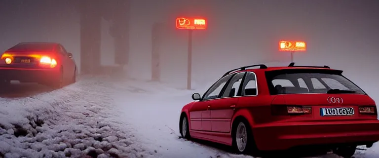 Image similar to Audi A4 B6 Avant (2002), a gritty neo-noir, dramatic lighting, cinematic, eerie person, death, homicide, homicide in the snow, gunshots, establishing shot, extremely high detail, photorealistic, red mist, red fog, chaos, arson, burning city, cinematic lighting, artstation, by simon stalenhag, Max Payne (PC) (2001) winter New York at night, In the style of Max Payne 1 graphic novel, flashing lights, Poets of the Fall - Late Goodbye
