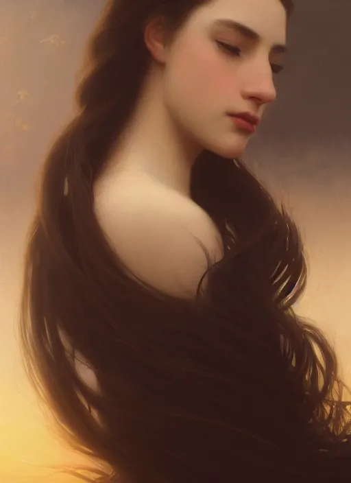 Prompt: oil painting close up portrait of a contemplative young woman with long dark flowing hair in a black dress, surrounded by white lilies!! at sunset, hazy, digital art, chiaroscuro, artstation, cinematic, golden hour, digital art painting by greg rutkowski, william - adolphe bouguereau, hazy atmosphere, cinematic lighting