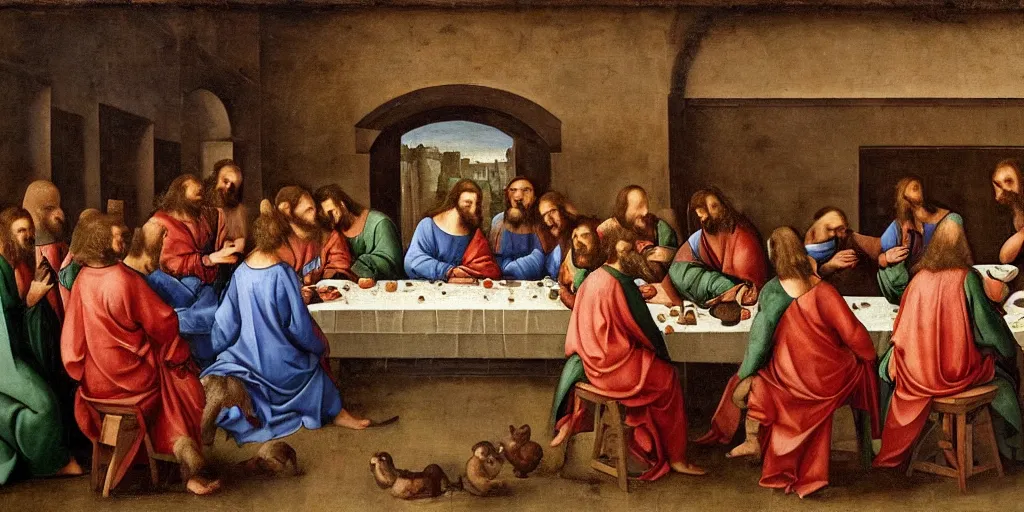 Prompt: an renaissance oil painting depicting animals, the last supper, masterpiece