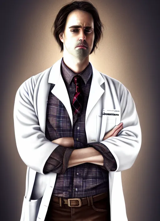 Image similar to male surgeon, brown hair, khakis, plaid shirt, gothic, moody, noir, diffuse lighting, fantasy, intricate, elegant, highly detailed, lifelike, photorealistic, digital painting, artstation, illustration, concept art, smooth, sharp focus, art by John Collier and Albert Aublet and James jean and Brian froud and ross tran and Artem Demura and Alphonse Mucha