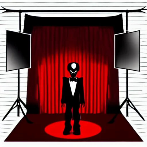 Image similar to puppet master in tuxedo behind a red curtain, capitalism, dark ambiance, in the style of love death robots