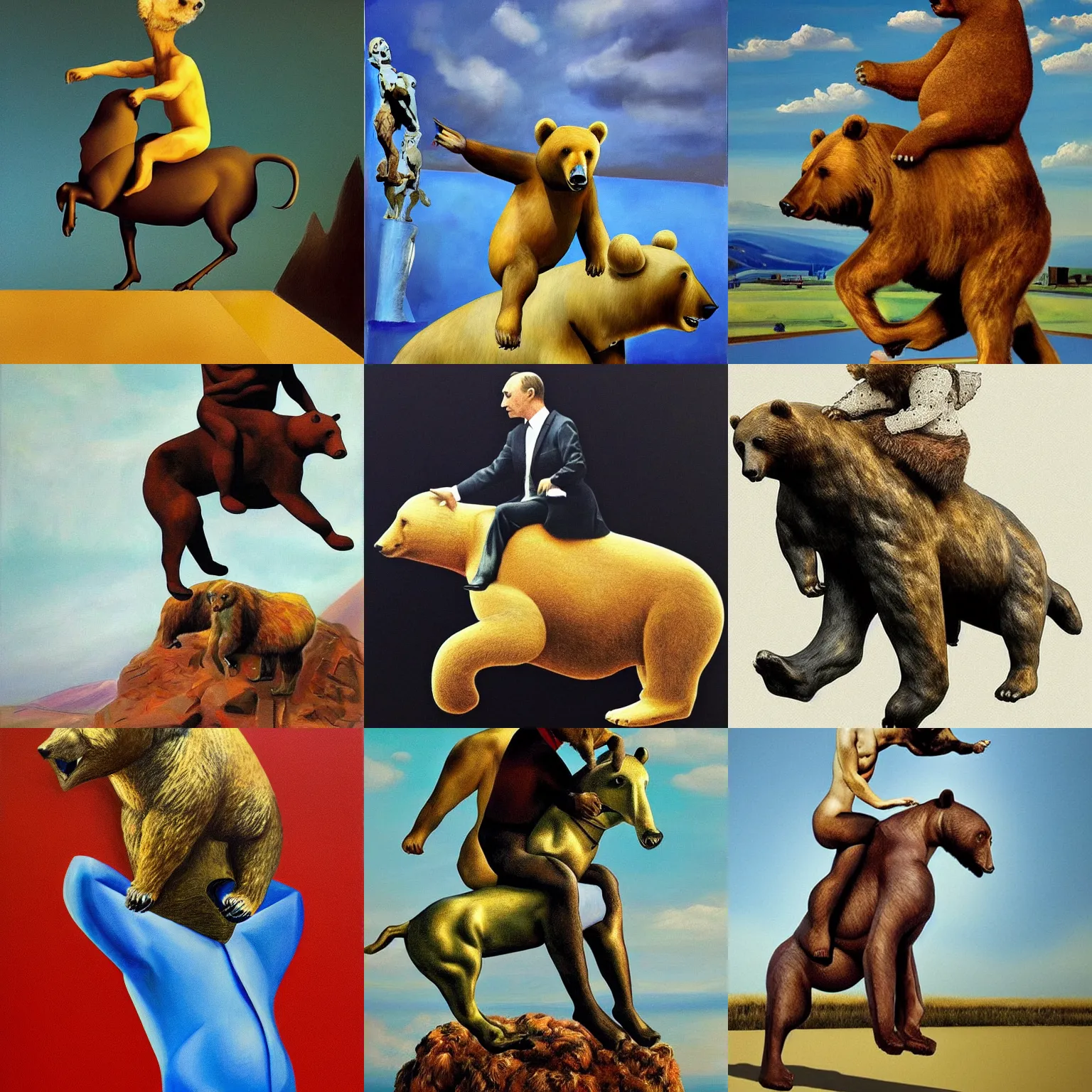 Prompt: modern art, award winning, sold for, masterpiece, profile putin riding a bear, art by salvador dali, artstation