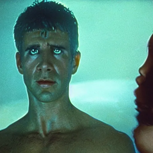 Image similar to a film still from blade runner starring Ariel the little mermaid