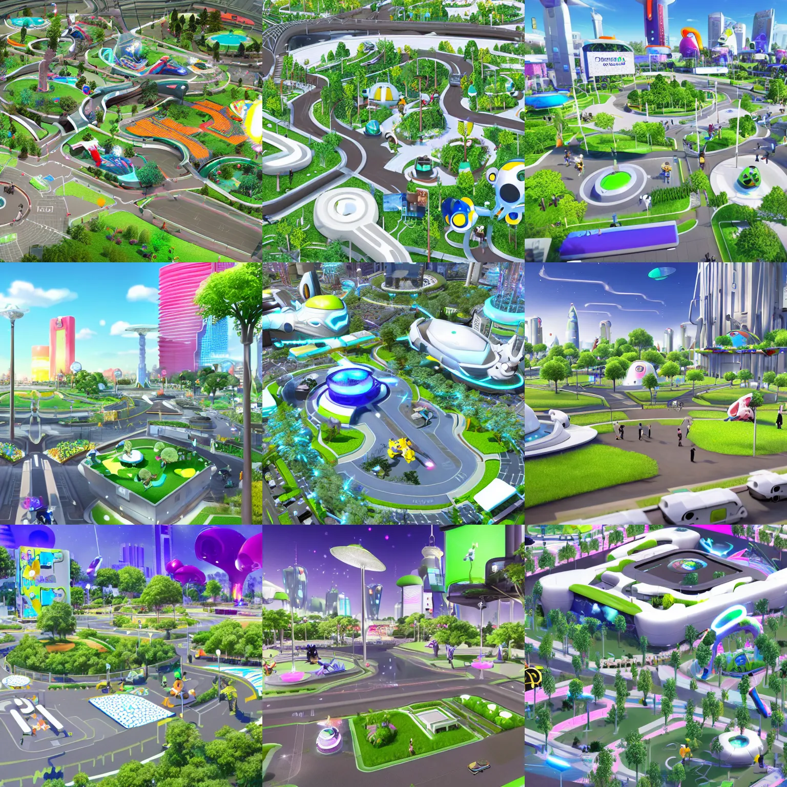 Prompt: the park of a future urban city, white buildings + colorful decorative + led billboards + brand logo, cute future vehicles, cute spacecraft flying in the air, cute pokemon walking on the street, cute scene, huge universe, alien planet in the sky faraway, dokev, ratchet & clank, overwatch, splatoon 3