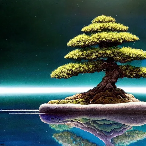 Prompt: concept art bonsai fir growing from a small rock in water, reflection on the water, ron cobb, intricate, epic composition, sparkling atmosphere, cinematic lighting + masterpiece, full shot