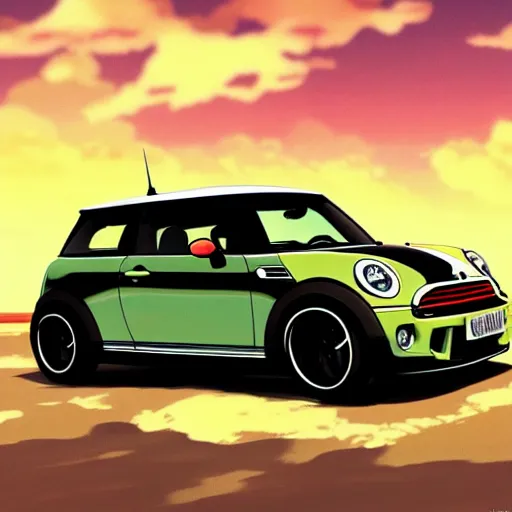 Image similar to anime art vehicle concept art, anime key visual of mini cooper s, at sunset at a beach, trending on pixiv fanbox, studio ghibli, extremely high quality artwork