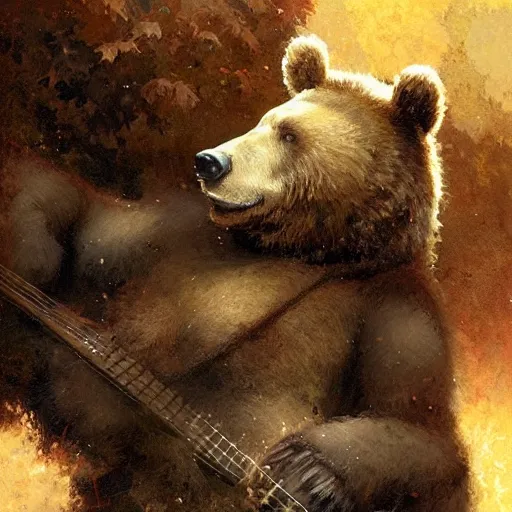 Image similar to realistic bear playing fantastic angularly guitar, fantasy character portrait by Greg Rutkowski, Craig Mullins, Gaston Bussiere