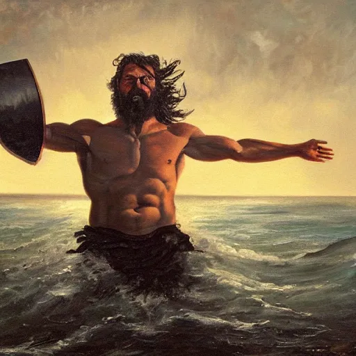 Prompt: portrait of proud and screaming Poseidon rising from the ocean, ready to fight with trident, oil painting, dark colors, sinister atmosphere