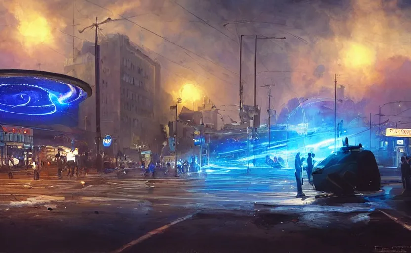 Image similar to people with posters attacking cops, a huge blue spiral - shaped white luminous attractor is floating on the horizon near the sun, stores in los angeles with light screens all over the street, concept art, art for the game, professional lighting, dark night lighting from streetlights, by ilya repin