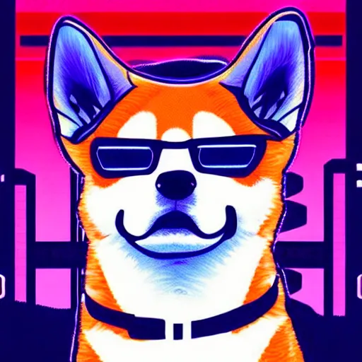 Image similar to Shiba inu, cyberpunk glitchcore synthwave art, trending on ArtStation