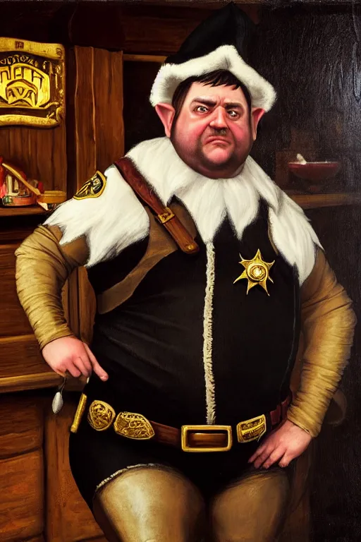 Image similar to high fantasy elf mall cop at a tavern with a sheriff's badge that is fat, shifty, and incompetent, portrait from the chest up, Famous painting by Renaissance Painter Carvagio, Oil Painting, hyper realistic,, 8k UHD scan