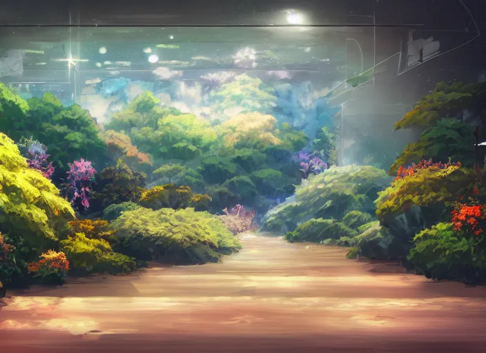 Prompt: anime background clean neat clarity professional visual development set design, cozy hall with big screen instead of one wall, sparse plants, dim painterly lighting volumetric aquatics, impasto, trending on pixiv