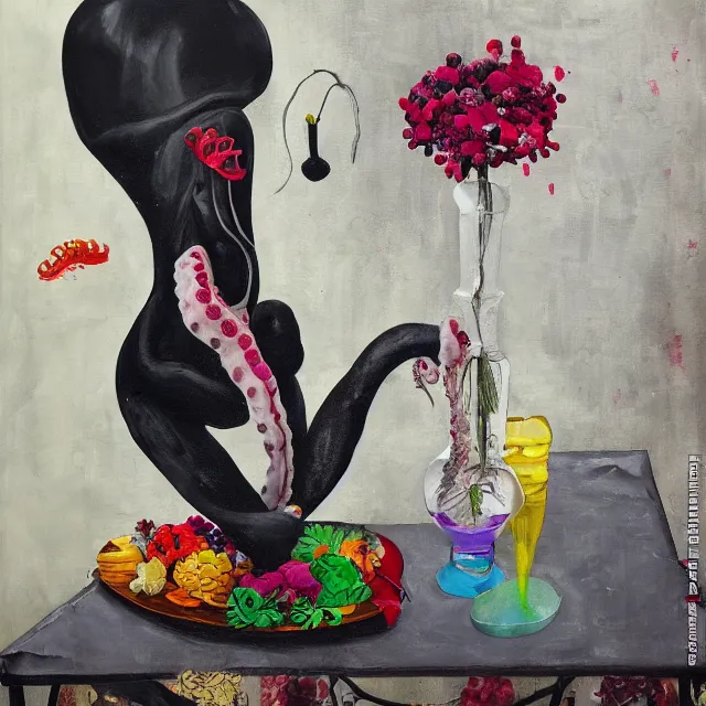 Image similar to empty room with black walls, sensual portrait of a female pathologist, broken vase of flowers and water, octopus, squashed berries, neo - expressionism, surrealism, acrylic and spray paint and oilstick on canvas