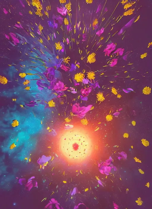 Image similar to An epic fantastic realism comic book style painting of the most beautiful spinning flowers floating into the dark and starry cosmos, exquisite bouquets, fisheye, a star implodes, unreal 5, DAZ, hyperrealistic, octane render, dynamic lighting