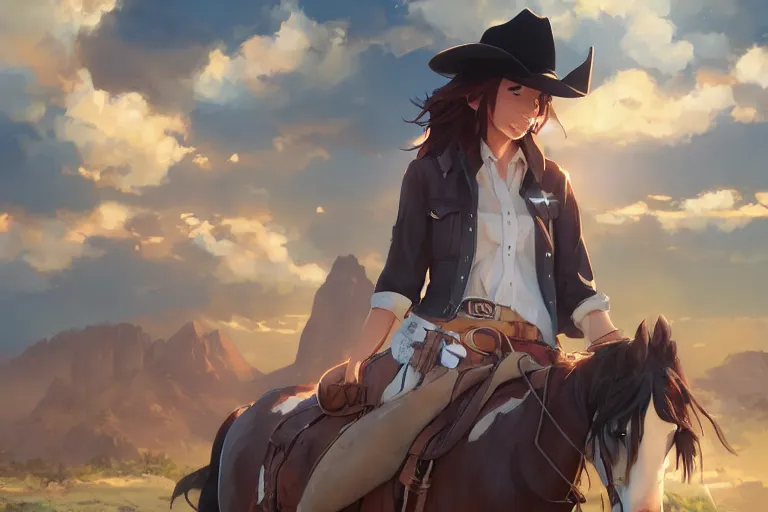 Prompt: cowgirl western girlfriend, scenic full shot, ambient lighting, detailed face, by makoto shinkai, stanley artgerm lau, wlop, rossdraws