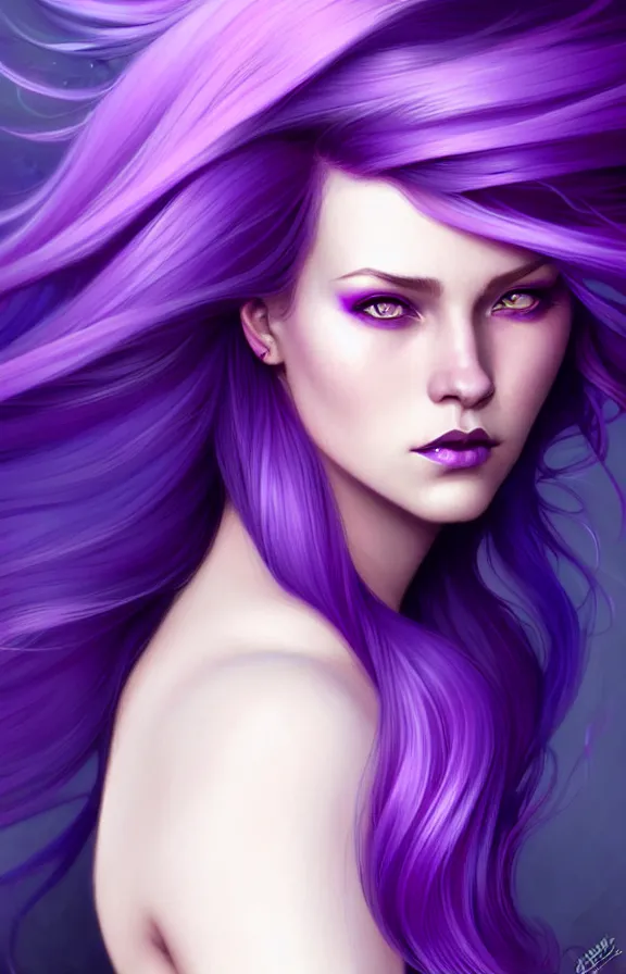 Image similar to Purple hair relistic Portrait of a woman with bright colored flying hair, all shades of purple. Hair coloring, long hair, blue eyes, fantasy, intricate, elegant, highly detailed, digital painting, artstation, concept art, smooth, sharp focus, illustration, art by artgerm and greg rutkowski and alphonse mucha