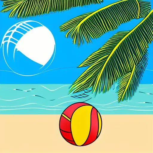 Image similar to waves in bottom front of a palm tree in front of a giant volleyball with seams vector logo, professional sports style, flat colour, svg, professional, sharp edges