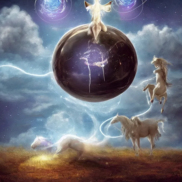 Image similar to Magical glowing sphere in midair, with a unicorn inside it. A white celestial unicorn is trapped inside the sphere. A burnt landscape is in the background. The sphere is held up by sinister rusting steel pincers that reach from the ground, and has a unicorn inside it. Digital art, by Gerald Brom