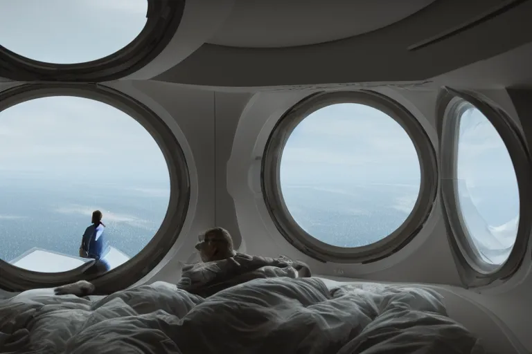 Image similar to sci-fi scene of space tourists in glamourous spaceship bedroom looking out large circular window at earth orbit By Emmanuel Lubezki