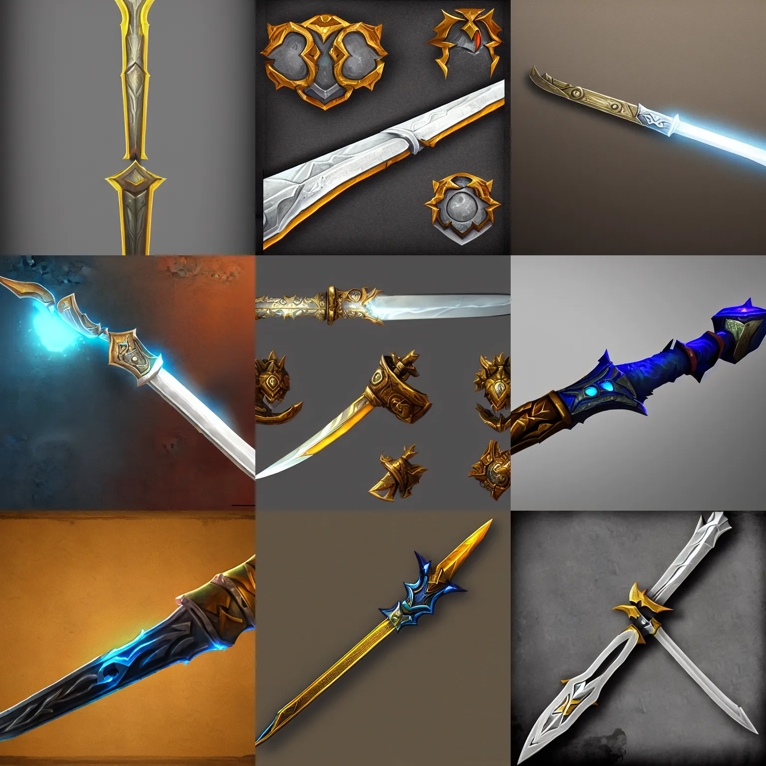 Prompt: a curved steel sword weapon, league of legends inventory item, Warcraft style, outer glow, no background, trending on artstation