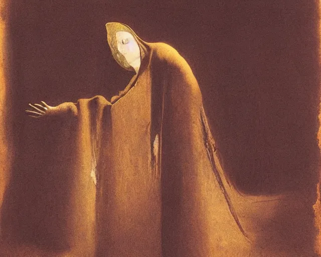 Image similar to by francis bacon, beksinski, mystical redscale photography evocative. devotion to the scarlet woman, priestess in a conical hat, coronation, ritual, sacrament