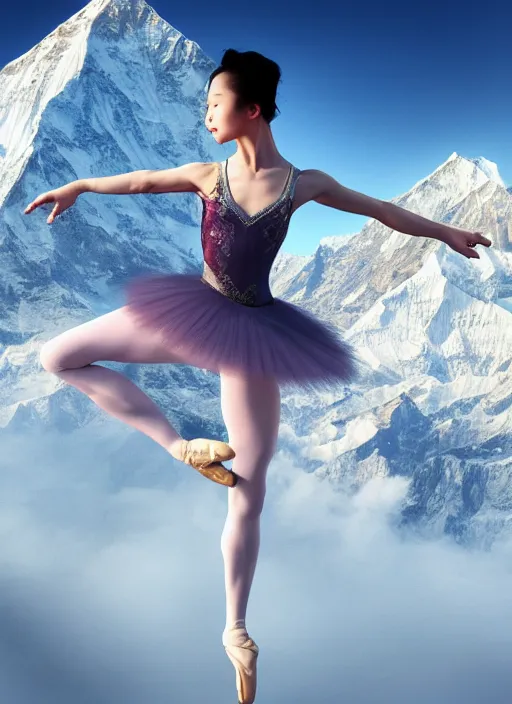 Image similar to stunningly beautiful, asian prima ballerina on mt everest, golden hour, smooth, focus, highly detailed, hyper realistic, dramatic lighting, elegant, intricate, concept art, art by wlop, mars ravelo, greg rutowski