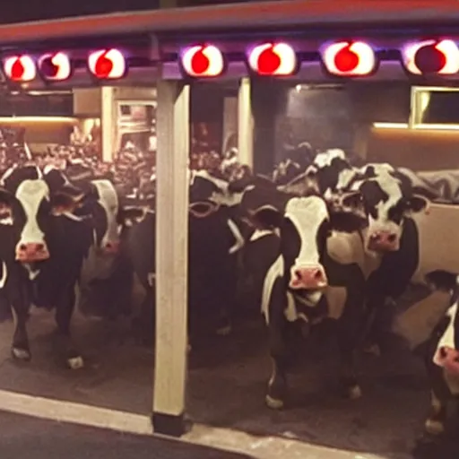 Image similar to movie still of cows trying to break into The Steakhouse at Circus Circus Casino during a riot, cows wearing suits, photorealistic, highly detailed