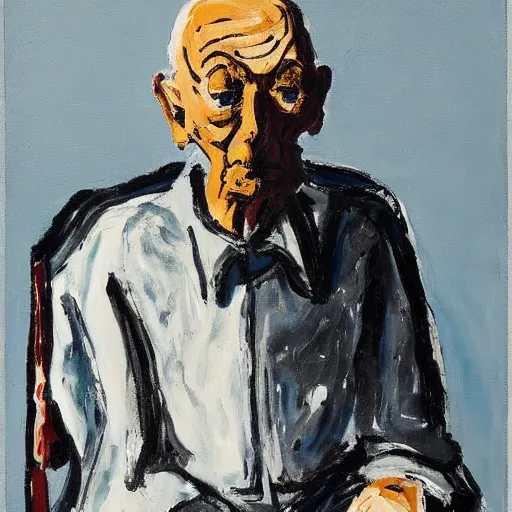 Prompt: painting of an old man sitting on a chair, staring at you, by georg baselitz