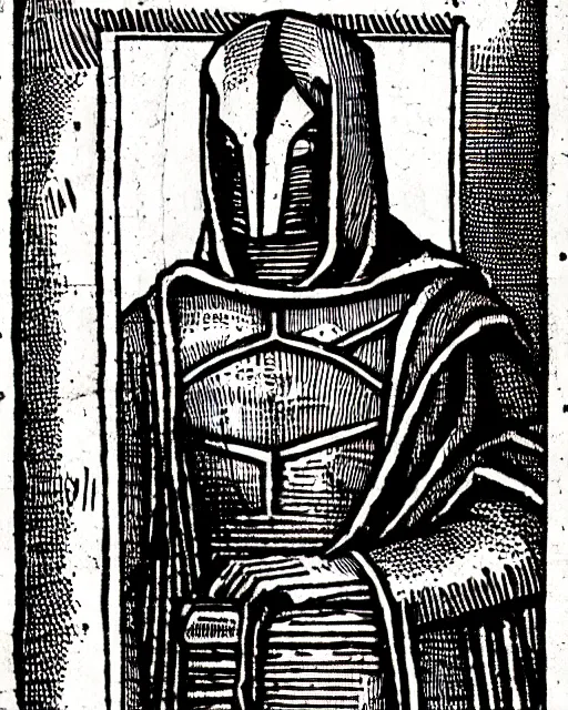 Image similar to b & w woodcut of doctor doom from the nuremberg chronicle, 1 4 9 3, restored, hq scan