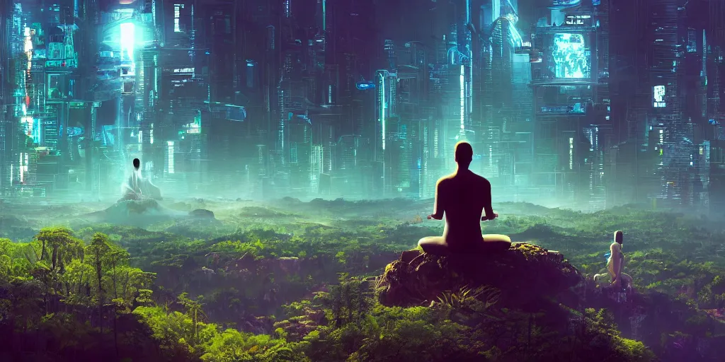 Image similar to a cinematic composition depicting : a computer run lush civilization encroaching on a degrading cyberpunk world, on top of the mountain a mysterious man sits in a lotus pose using his transformative energy to transition to a hopeful and lush foresty solarpunk valley at sunrise